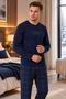 Men's Lycra Thermal Warm Fabric Long Sleeve Navy Blue Pajama Set - 3