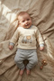 Teddy Adventure Cream & Gray Ribbed Cotton Baby Set - Soft Textured Two-Piece Top and Bottom Set