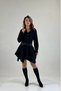 Women's Black Stand-Up Collar Suede Look Asymmetric Mini Length Belted Dress Nbmy4180