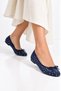 Women's Navy Blue Suede Flat Ballerinas with Stone Bow Detail - 4