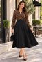 Leopard Elegance – Women's Double-Breasted Collared Long-Sleeved Black Crepe Dress with Flared Skirt and Midi Length - 2