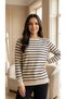 Women's Basic Navy Blue Striped Long Sleeve Cotton Sweatshirt