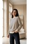 Women's Basic Navy Blue Striped Long Sleeve Cotton Sweatshirt - 2