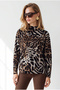 Women's Beige Leopard High Collar Loose Fit Soft Blouse Blz-19003486 - 5
