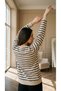 Women's Basic Navy Blue Striped Long Sleeve Cotton Sweatshirt - 8