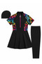 Young Girl Waitress Semi-Closed Swimsuit Set 3 Piece Short Sleeve Zipper Patterned Black - 2