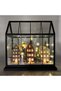 New year's decor lighted black glass cage with houses and pine trees black-green-red 33x15 cm. - 5