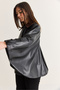 Women's Black Velvet Collar Double-Buttoned Lined Oversized Faux Leather Poncho 1160 60286761 - 4