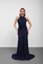 Navy Blue Halter Neck Sequined Ruched Evening Dress