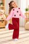Girl's Cherry Figured Pink Knitwear Sweater and Burgundy Wide-Legged Trousers 2-Piece Set - 3