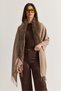 Women's Mink Fur Collar Detailed Tassel Cashmere Textured Poncho Shawl 11293 60286768