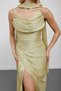 Pastel Green Strapless Draped Chiffon Fabric Evening Dress with Scarf - 5