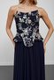 Navy Blue Strapless Floral Embroidered Evening Dress with Scarf - 5