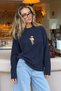 Women's Relaxed Fit Sweatshirt Coffee Bear Printed Navy Blue – Crew Neck, 3 Thread Without Threaded Edges - 3