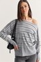 Women's Grey Striped Boat Neck Off-Shoulder Oversized Knit Sweater 60286767