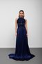 Navy Blue Halter Neck Stone Embroidered Pleated Chiffon Evening Dress