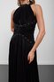 Black Halter Neckline Stone Embellished Pleated Chiffon Evening Dress - 5