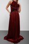 Burgundy Halter Neck Stone Embellished Pleated Chiffon Evening Dress - 6
