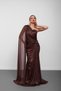 Brown one shoulder tulle evening dress with cape detail - 3