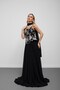 Black Strapless Floral Embroidered Evening Dress with Scarf - 2
