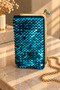 Petrol Blue Sequined Hand Knitted Evening Dress Bag – Bag with Gold Chain Strap and Metal Clip - 3