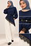 Women's Long Sleeve Crew Neck Asymmetrical Lace Detailed Long Imported Crepe Tunic - Islamic Elegance and Graceful Posture Without Belt - 6