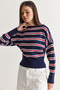 Women's Navy Blue Striped Boat Neck Off-Shoulder Oversized Knit Sweater 60286767 - 4