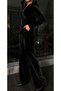 Women's Long Sleeve Double-Breasted Collared Velvet Blouse with Side Gathered Scarf Detail and Pocketed Trousers Two-Piece Set - 3