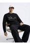 Regular Fit Sign Printed Crew Neck Black Sweatshirt