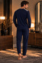 Men's Winter Cotton Pajama Set Buttoned Collar Long Sleeve Casual Home Wear Set - 3