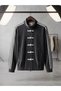 Unisex Chinese Buttoned Lace-Up Sleeves Striped Zippered Cardigan Coat - 4