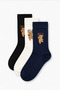 Jean 3-pack navy blue, white, and black long cotton jacquard standard fit unisex socks with bear design.