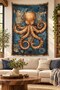 Octopus and Nautical Map Compass Vintage Digital Printed Stain Resistant Washable Fabric Wall Covering Wall Tapestry Decorative Tapestry