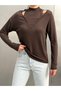 Women's Brown Off-The-Shoulder Double Collar Long Sleeve Viscose Ribbed Blouse - 3
