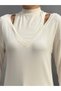Women's Ecru Off-The-Shoulder Double Collar Long Sleeve Viscose Ribbed Blouse - 5