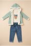 Girl's Plush Lined Hooded Cardigan, Bow Printed Sweatshirt and Belted Jeans 3-Piece Set - 2