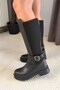 Women's Fero Black Leather Below-Knee Diving Fabric Buckle Detailed Thick Sole Boots