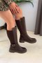 Women's Fero Brown Leather Below the Knee Diving Fabric Buckle Detailed Thick Sole Boots - 3