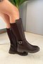 Women's Fero Brown Leather Below the Knee Diving Fabric Buckle Detailed Thick Sole Boots - 5