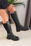 Women's Fero Black Leather Below-Knee Diving Fabric Buckle Detailed Thick Sole Boots - 4