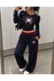 Navy Blue Red Striped Grunge Printed Tracksuit Set
