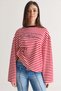Women's Red-Navy Blue Striped Long Oversized Sweatshirt with Printed Text and Crew Neck 1126 60286772