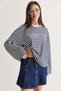 Women's Navy-Pink Striped Long Oversized Sweatshirt with Printed Text and Crew Neck 1126 60286772 - 2