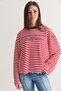Women's Red-Navy Blue Striped Long Oversized Sweatshirt with Printed Text and Crew Neck 1126 60286772 - 3