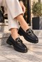 Women's Black Leather Buckle Loafer Shoes Thick Sole Casual Stylish Moccasins