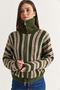 Women's Khaki Striped High-Neck Double-Way Zipper Oversize Knitwear Cardigan Th261048 60286719 - 7