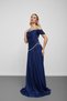 Navy blue strapless boat neck stone embellished asymmetrical evening dress - 3