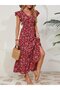 Women Short Sleeve Double Breasted Lapel Elastic Waist Floral Print Dress
