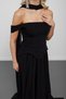 Black off shoulder peplum cut pleated evening dress with scarf - 5