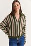 Women's Khaki Striped High-Neck Double-Way Zipper Oversize Knitwear Cardigan Th261048 60286719 - 4